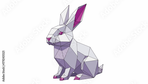 A white geometric rabbit created in a low-poly style with pink accents on a clean background.