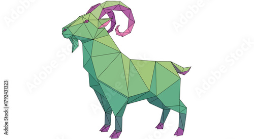 A stylized, low-poly illustration of a green goat with purple accents on its horns and hooves.