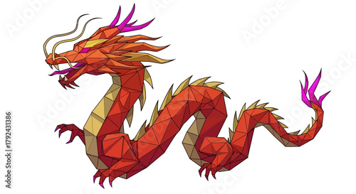 A vibrant red and gold polygonal Chinese dragon with purple accents, depicted in a dynamic pose.