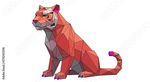 Geometric papercraft tiger model sitting, showcasing polygonal design and vibrant orange hues.