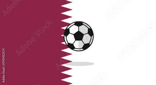 Qatar flag with white serrated band and classic black white soccer ball centered clean flat vector illustration high detail
