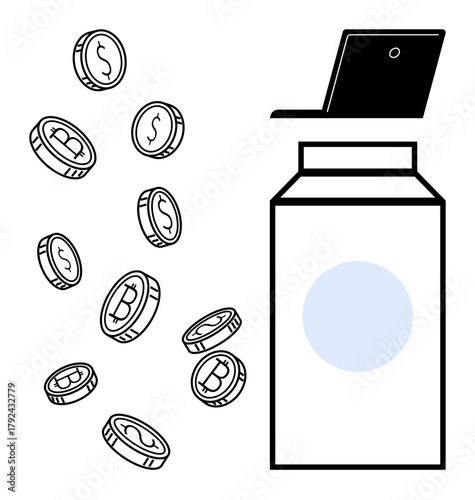 Cryptocurrency coins falling into a jar next to an open laptop. Ideal for finance, technology, investment, savings, digital money, online payment, blockchain. Modern simple flat metaphor