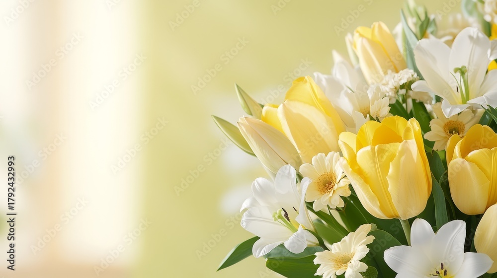Fototapeta premium 85.A close-up of a refined floral arrangement featuring fresh yellow tulips and graceful white lilies, with a soft-focus green-yellow backdrop enhancing the flowers' natural beauty.