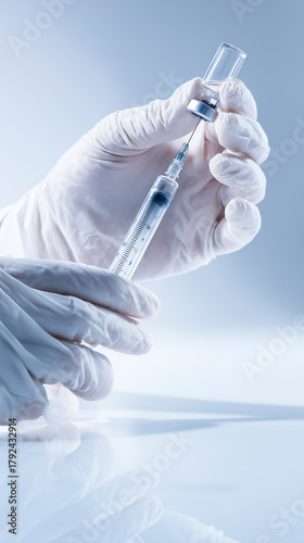 The hands of a medical practitioner in sterile white gloves are used to draw up a dose of vaccine (vaccine, medicinal product or serum) from a glass bottle near a syringe.