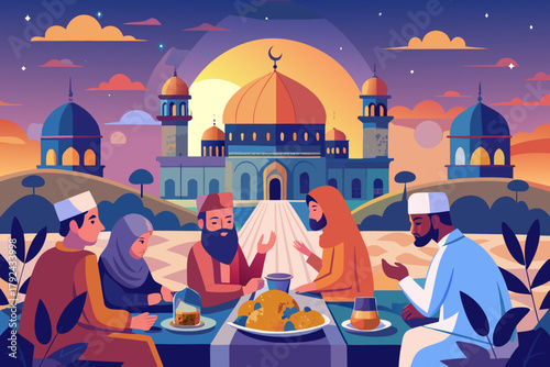 “Muslim Family Gathering for Iftar Meal During Ramadan near Mosque at Sunset slamic Culture and Community Celebration Vector Illustration”