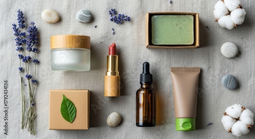 Cosmetics and skincare products arranged on a light surface.