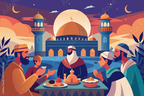 “Muslim Family Gathering for Iftar Meal During Ramadan near Mosque at Sunset slamic Culture and Community Celebration Vector Illustration”