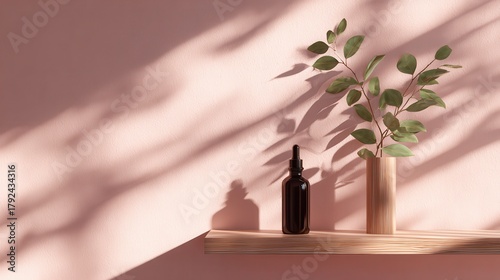 A minimalist shelf displays a dark bottle and a leafy plant against a soft pink wall, casting gentle shadows that enhance the serene atmosphere.