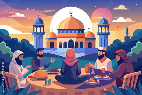 “Muslim Family Gathering for Iftar Meal During Ramadan near Mosque at Sunset slamic Culture and Community Celebration Vector Illustration”