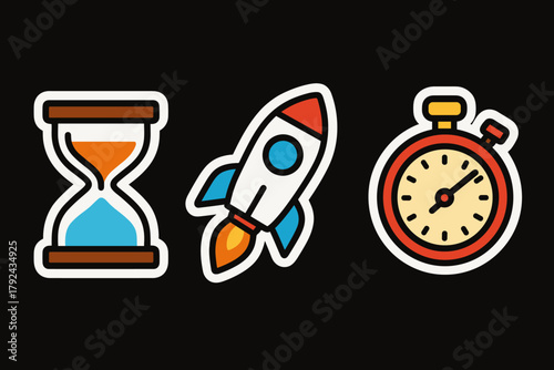 Colorful time and speed icons featuring hourglass, rocket, and stopwatch