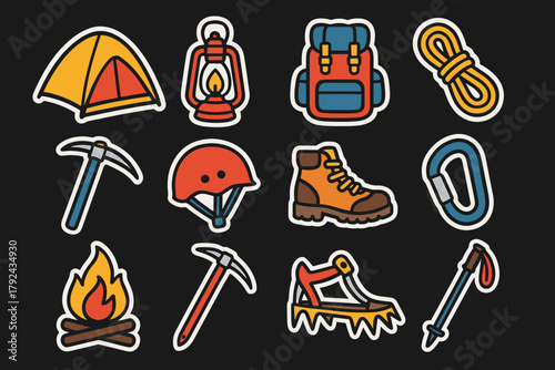 Vibrant camping equipment sticker set with outdoor adventure icons