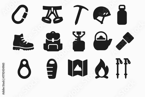 Essential camping and hiking gear icons  minimalist black silhouette set