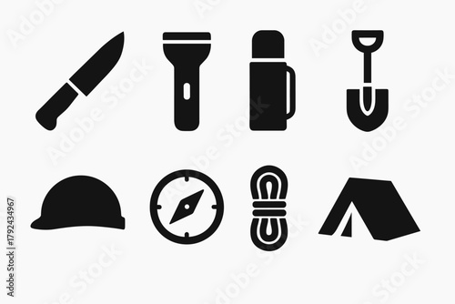 Camping gear icons flat silhouette essentials for outdoor adventure and survival