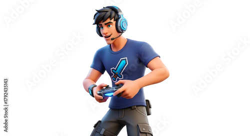 Cartoon Gamer Character with Headset and Controller Playing Video Games in Fun Pose PNG