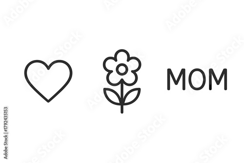 Glowing neon i love mom design with heart and flower icons on black background