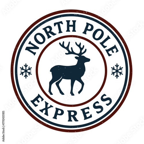 Round reindeer stamp — navy & red, “North Pole Express”, vintage look