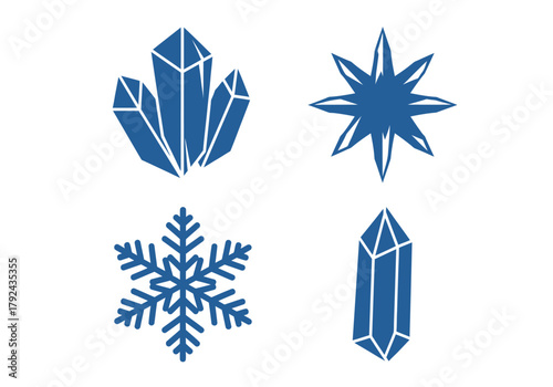 flat solid blue ice crystal icons set