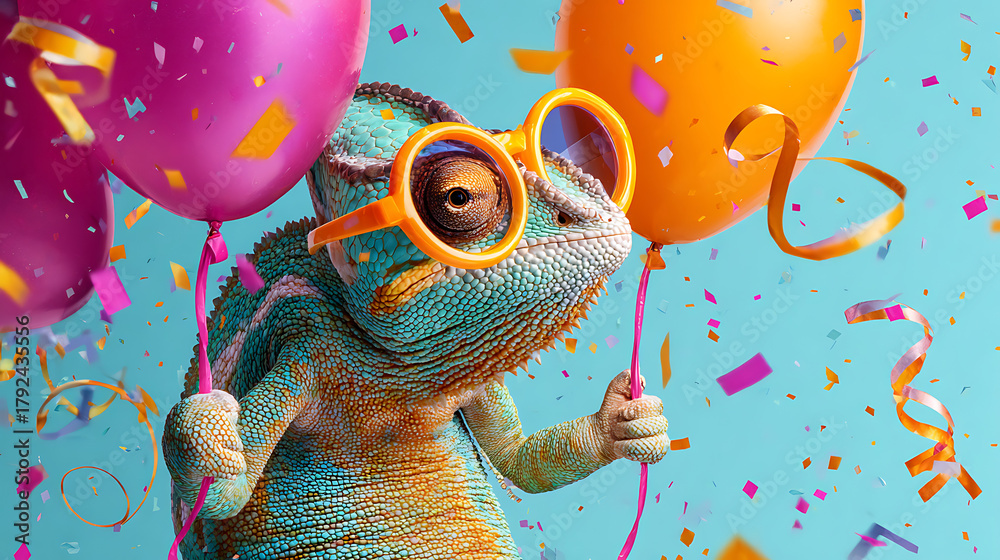 Fototapeta Festive chameleon wearing glasses holding balloons and surrounded by confetti animal reptile