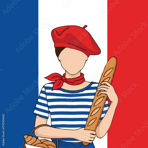 French girl in national costume holding bread basket with croissant vector illustration with French flag background
