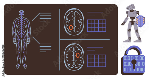Human nervous system diagram, brain scans, AI robot with a chip, and a digital lock. Ideal for neuroscience, AI, innovation, security medical research machine learning and technology themes. A