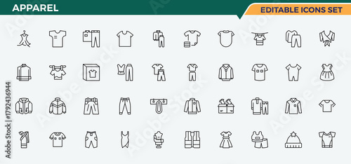 Apparel line icon set. Contains such symbols as cloth, garment, fashion, textile, clothes and more. Clothing icon set. Outline icons collection. Editable stroke.