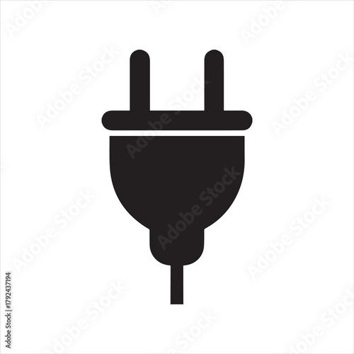 A simple, minimalist black silhouette of an electrical plug with two prongs against a plain white background.