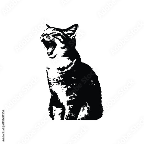Black and white illustration of a yawning cat, retro vintage vector art