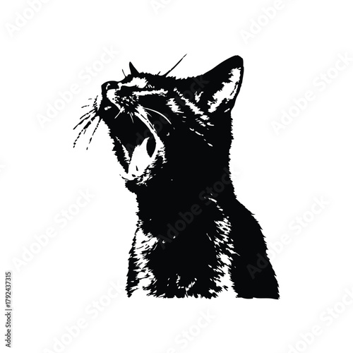 Black and white illustration of a yawning cat, retro vintage vector art