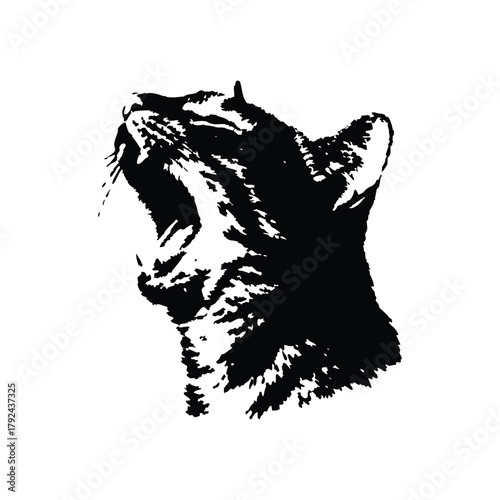 Black and white illustration of a yawning cat, retro vintage vector art