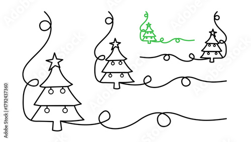 vector illustration of christmas tree, hand drawn christmas tree, christmas tree one line art vector, single line, ilustration white background
