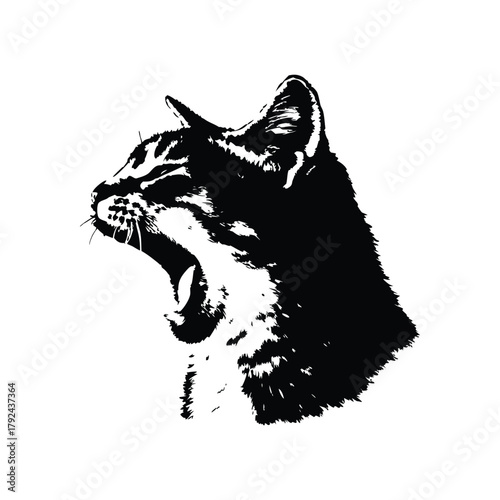 Black and white illustration of a yawning cat, retro vintage vector art