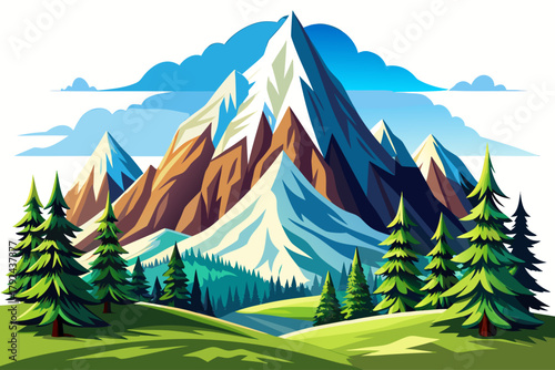 cartoon mountain landscape with snowy peaks and pine trees, isolated on pure white background