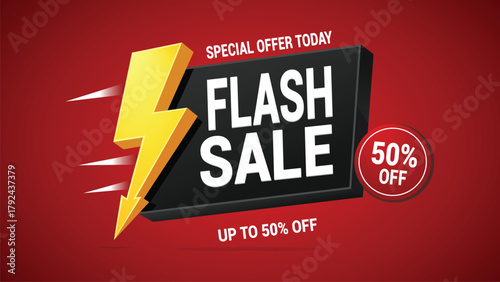 Flash sale banner with 50% off discount on red background