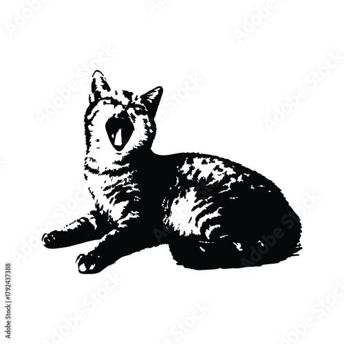 Black and white illustration of a yawning cat, retro vintage vector art