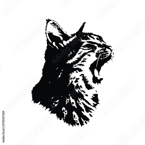 Black and white illustration of a yawning cat, retro vintage vector art