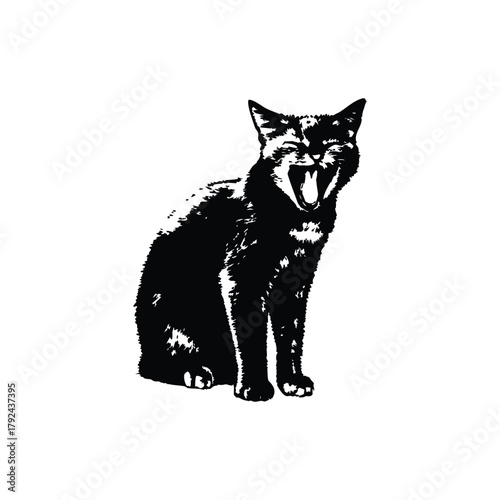 Black and white illustration of a yawning cat, retro vintage vector art