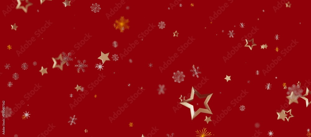 Fototapeta premium Abstract background featuring floating gold stars and snowflakes over a deep red backdrop. Perfect for Christmas, New Year, winter th
