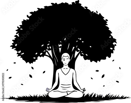 person meditating under large tree silhouette