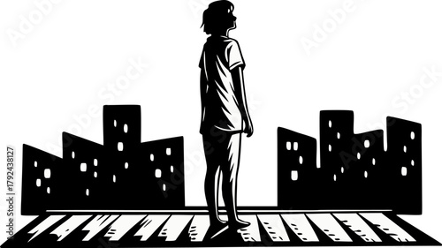 city skyline with person standing silhouette