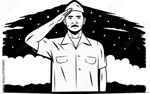 soldier saluting against dramatic background silhouette