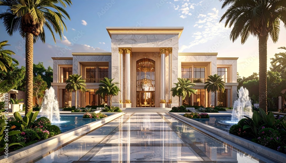 A grand and luxurious architectural masterpiece, featuring elegant modern design with marble facades, golden details, large glass windows, and a wide entrance with majestic pillars