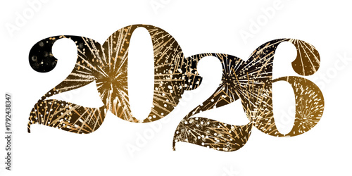 2026 New Year logo, gold fireworks number isolated