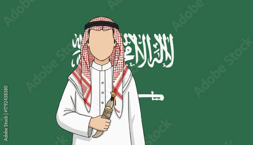 Majestic Saudi Arabian King: Iconic Faceless Warrior in Thobe and Shemagh with Sword and Flag Glory, Saudi Arabia national day,September 23 
