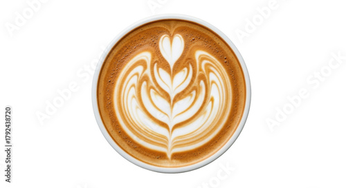 Isolated cappuccino coffee with foamy heart and fern latte art design for cafe or shop