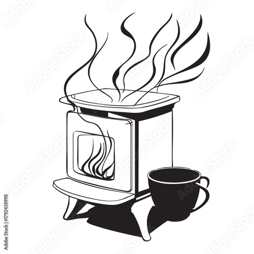 Sketch of a wood stove and a steaming mug of drink.