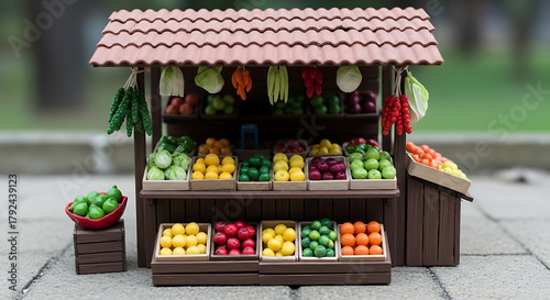 Fototapeta Naklejka Na Ścianę i Meble -  Miniature Farmers Market Stall with Assortment of Colorful Tiny Fruits and Vegetables. Food and Retail Model.