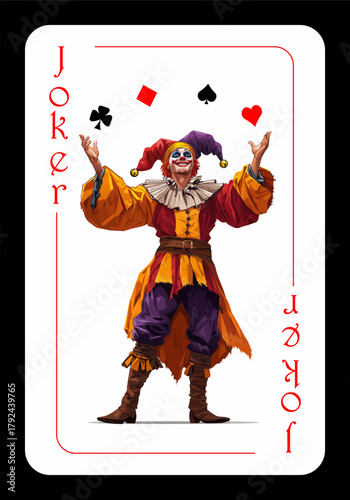 Joker playing card. An original design of a Joker playing card featuring a medieval jester. Jolly Joker. Colored vector illustration in cartoon style