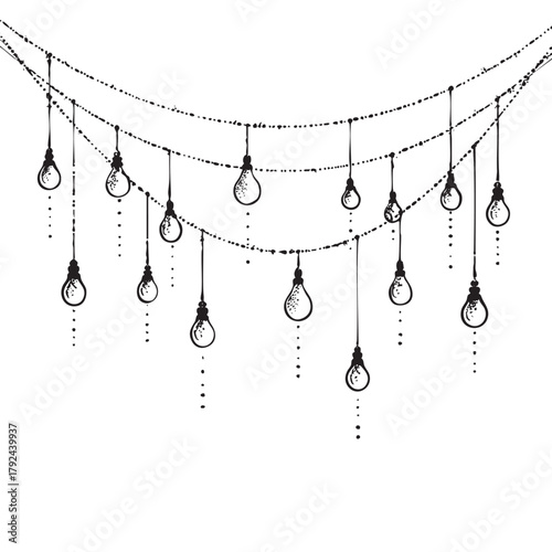 Sketch of hanging light bulbs on multiple curved strings.
