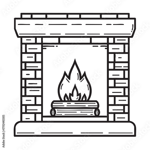 Outline of a brick fireplace with a burning fire.