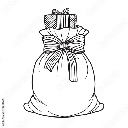 Detailed line sketch of a large bag of holiday gifts.